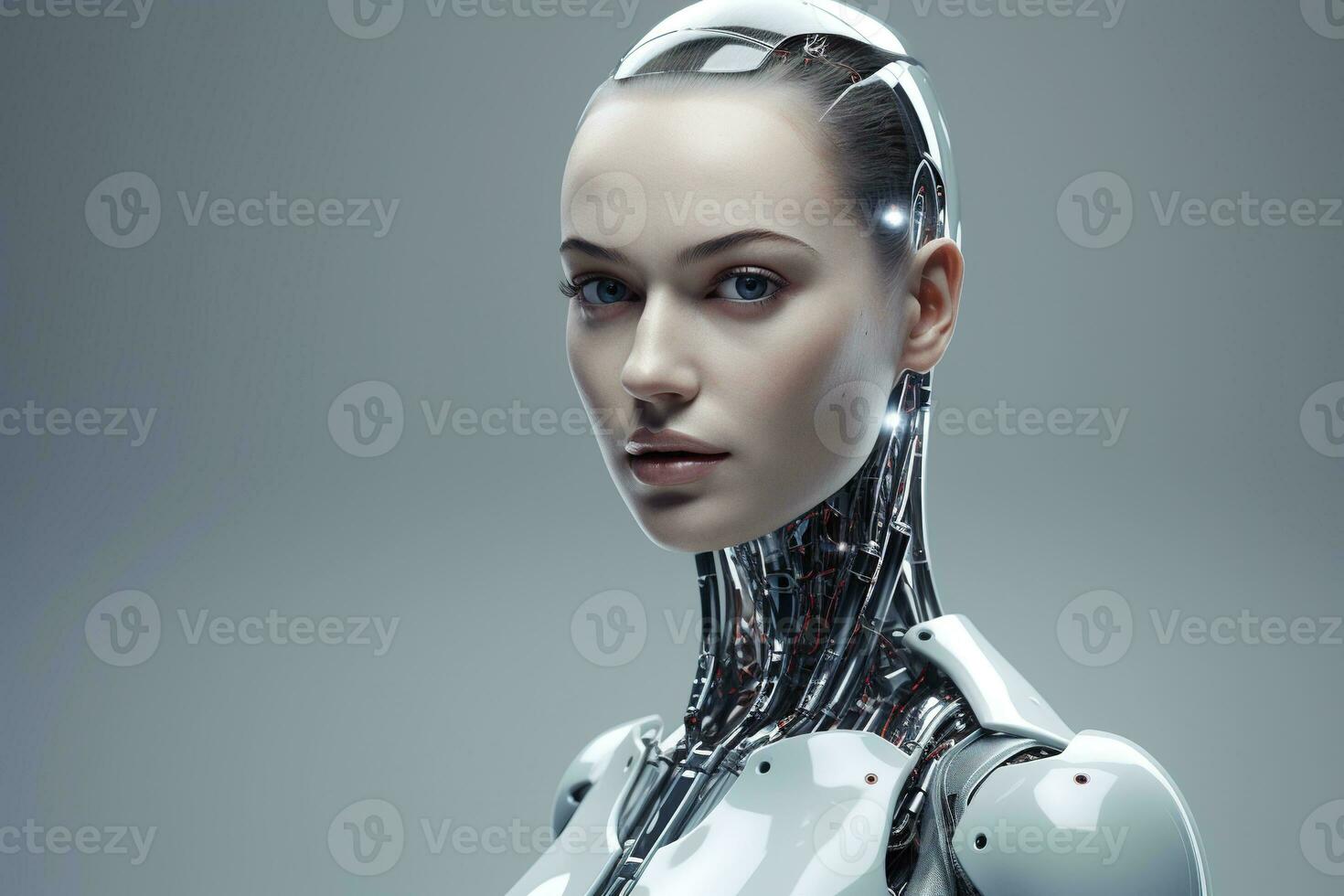 Portrait of a robot in a white futuristic interior,Artificial intelligence concept Ai generated photo