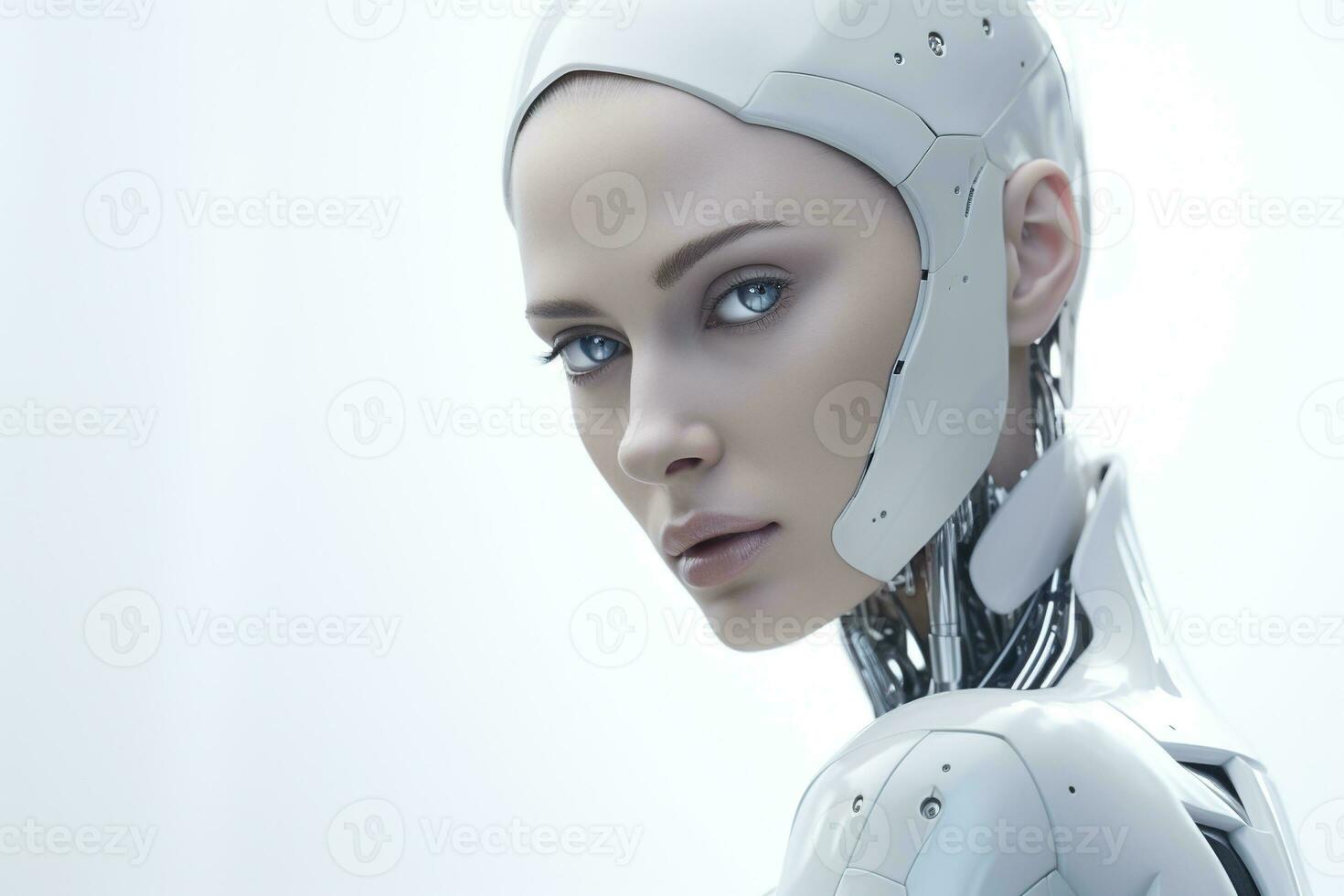 Portrait of a robot in a white futuristic interior,Artificial intelligence concept Ai generated photo