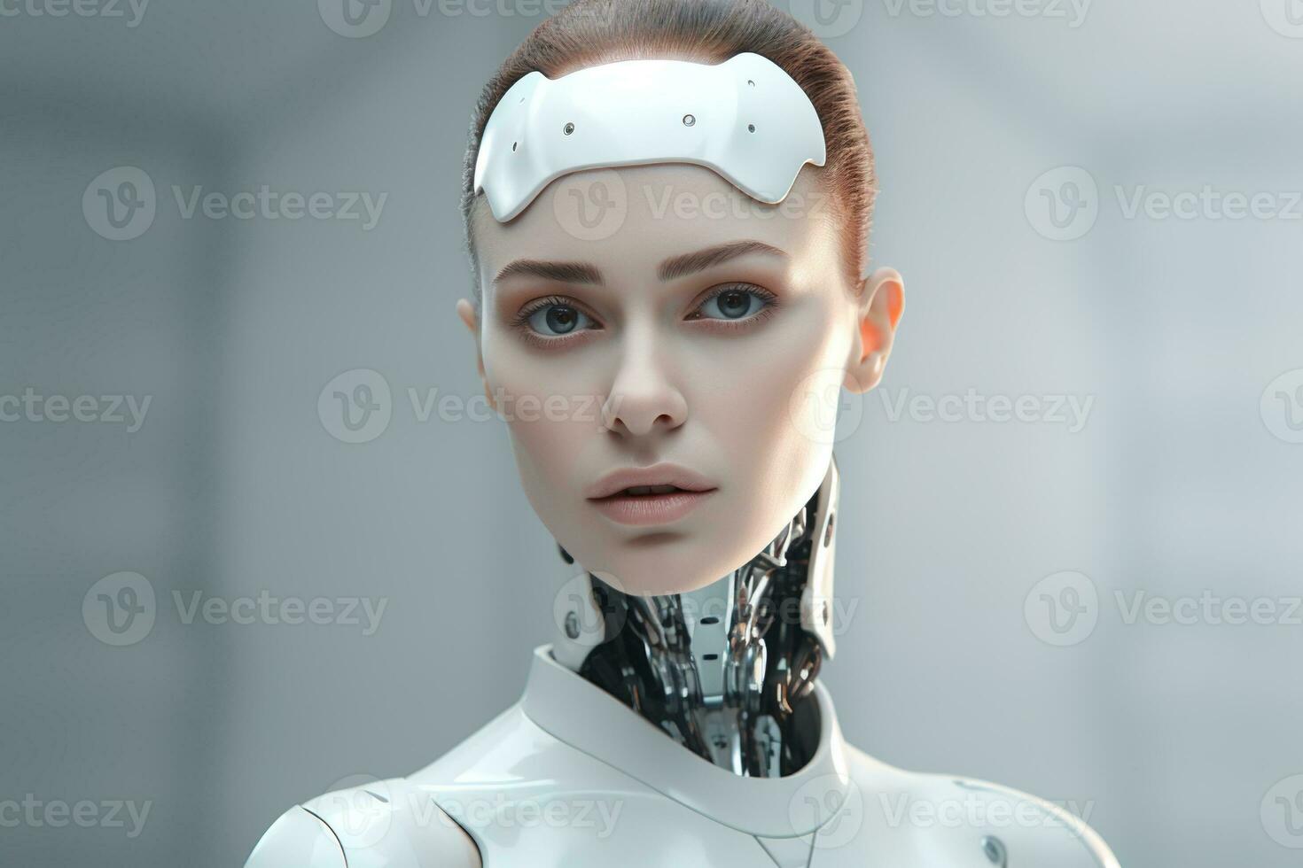 Portrait of a robot in a white futuristic interior,Artificial intelligence concept Ai generated photo