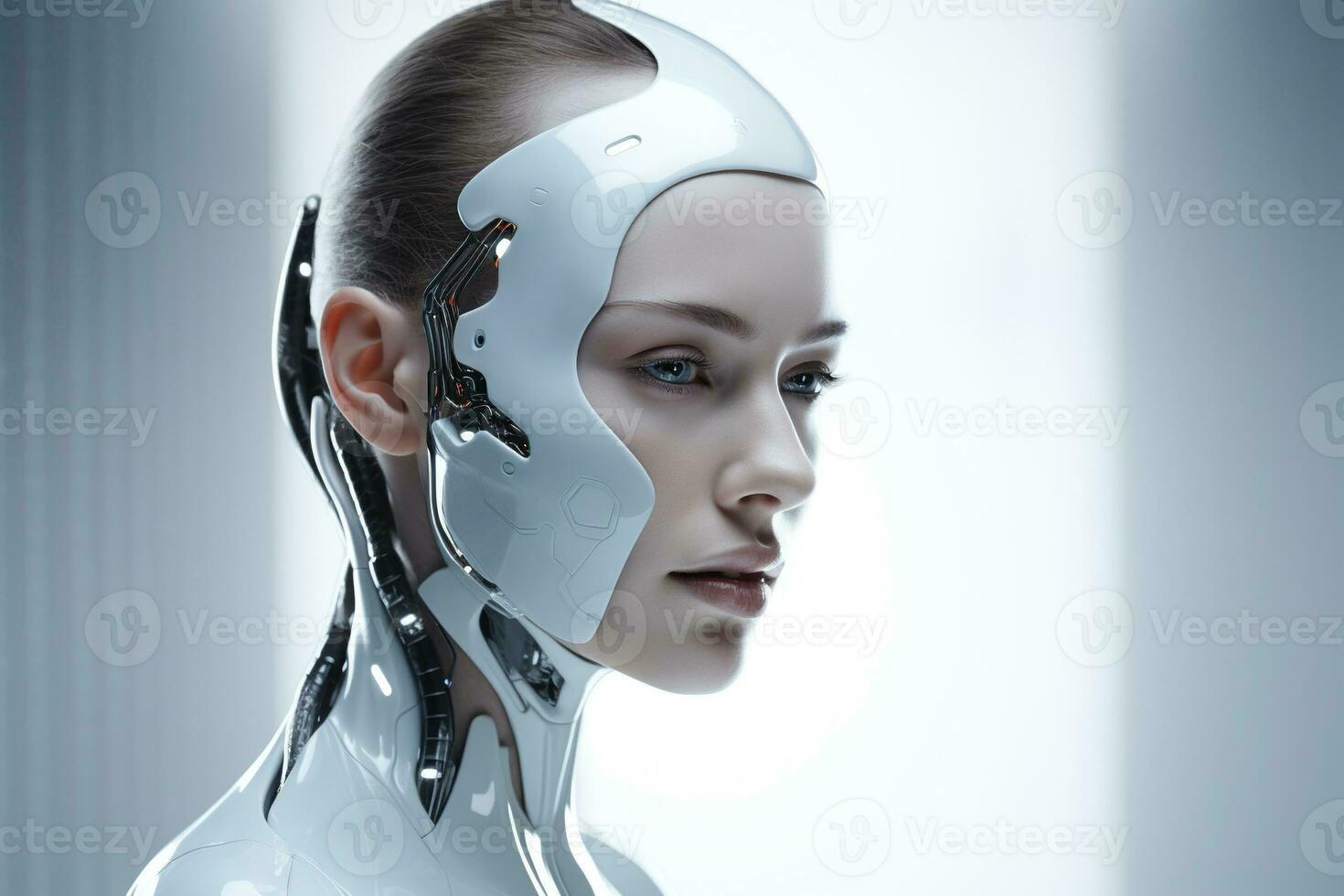 Portrait of a robot in a white futuristic interior,Artificial intelligence concept Ai generated photo