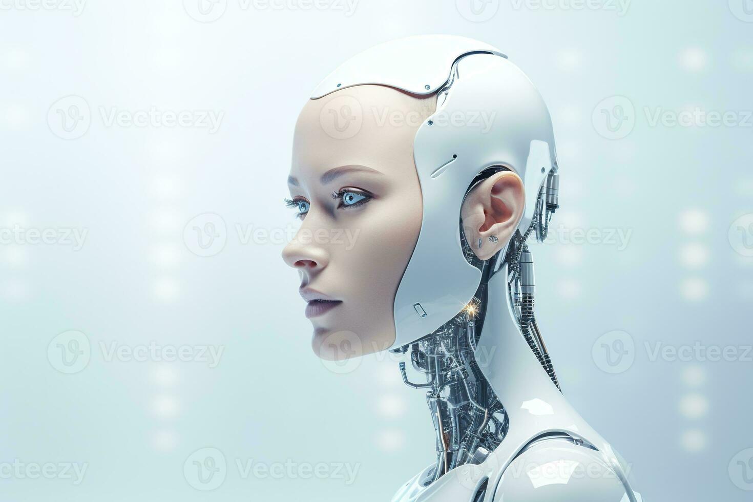 Portrait of a robot in a white futuristic interior,Artificial intelligence concept Ai generated photo