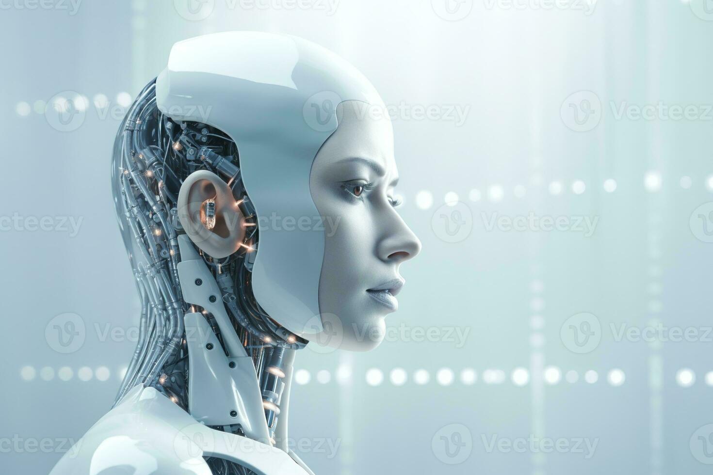 Portrait of a robot in a white futuristic interior,Artificial intelligence concept Ai generated photo