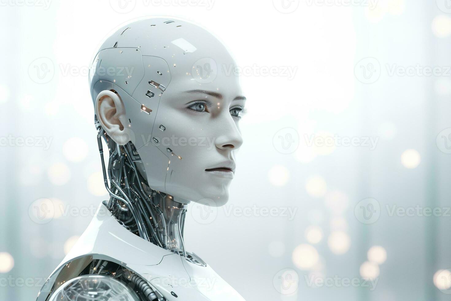 Portrait of a robot in a white futuristic interior,Artificial intelligence concept Ai generated photo