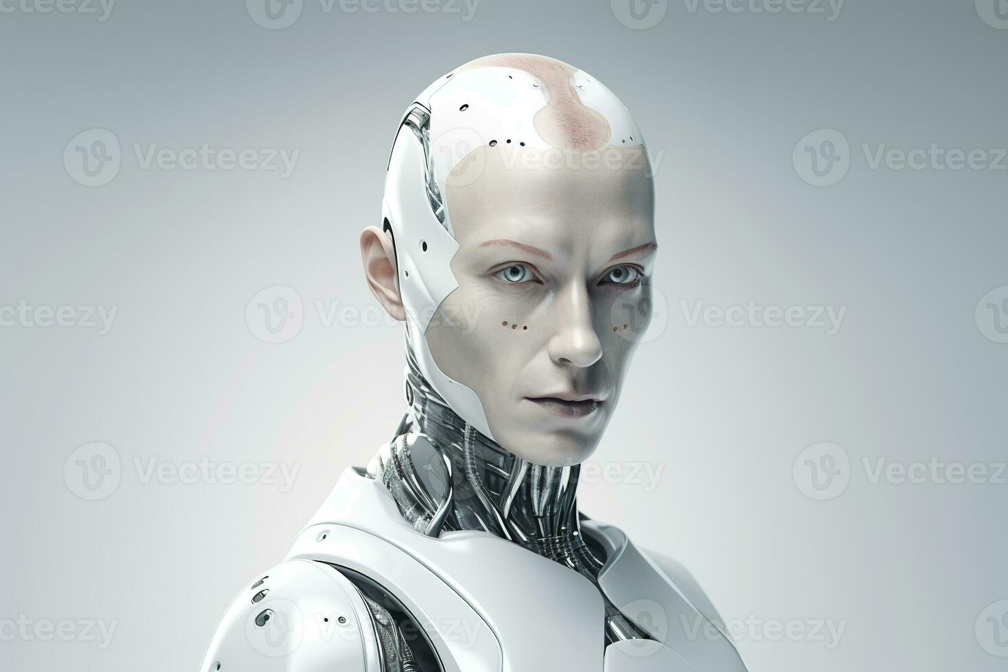 Portrait of a robot in a white futuristic interior,Artificial intelligence concept Ai generated photo