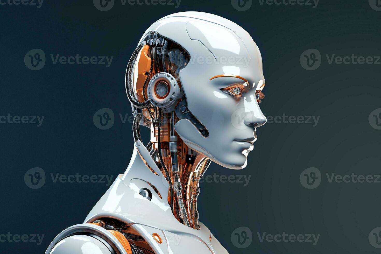 Portrait of a robot in a white futuristic interior,Artificial intelligence concept Ai generated photo