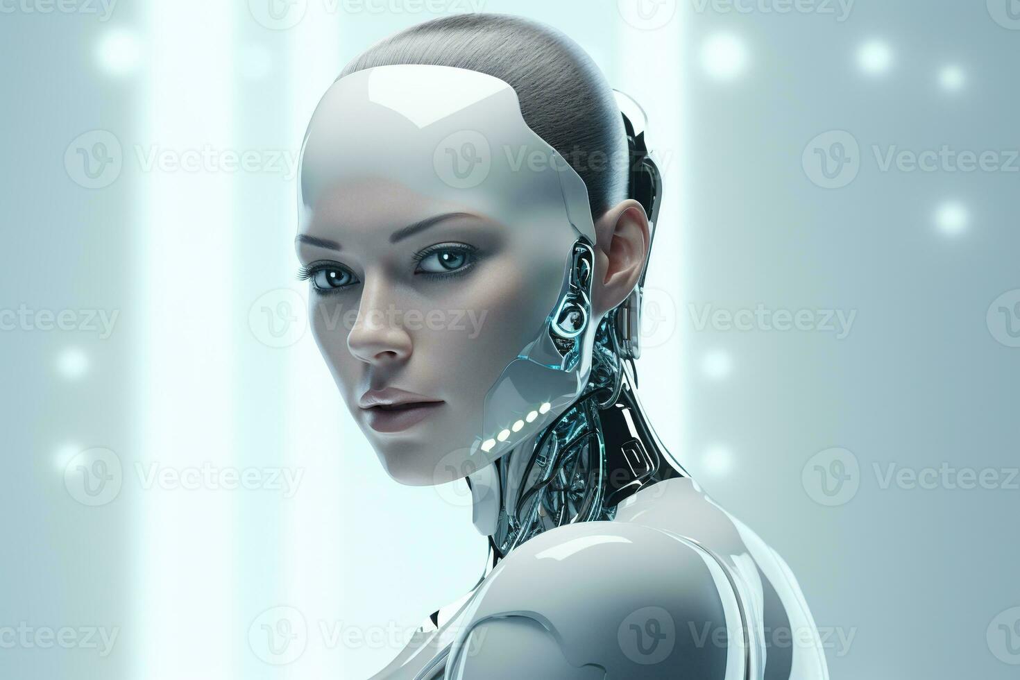Portrait of a robot in a white futuristic interior,Artificial intelligence concept Ai generated photo