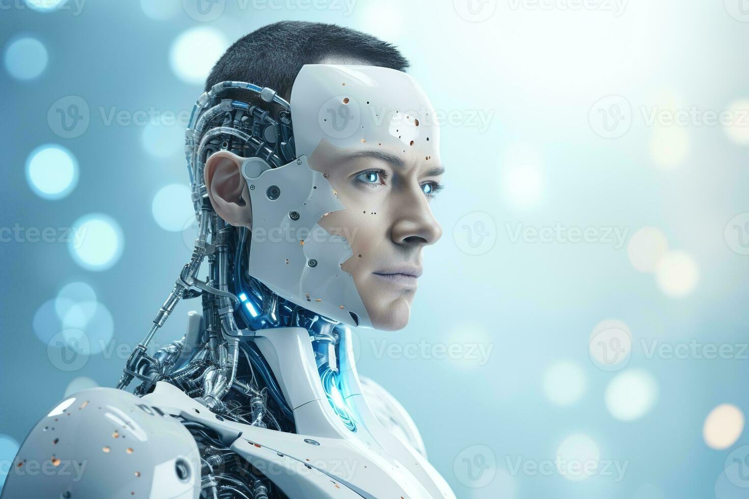 Portrait of a robot in a white futuristic interior,Artificial intelligence concept Ai generated photo