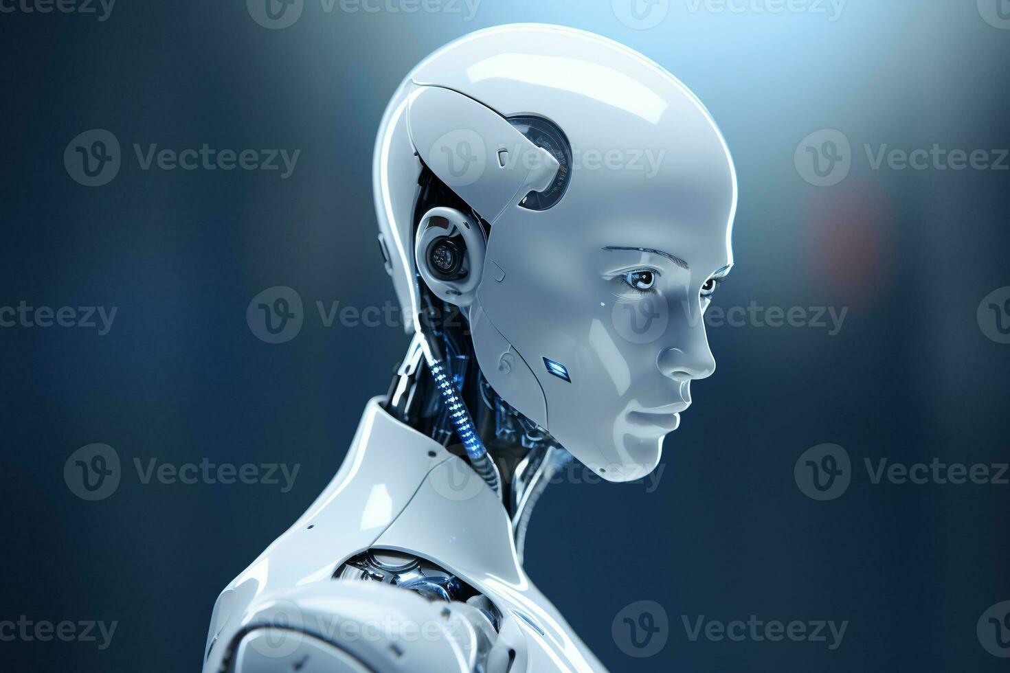 Portrait of a robot in a white futuristic interior,Artificial intelligence concept Ai generated photo