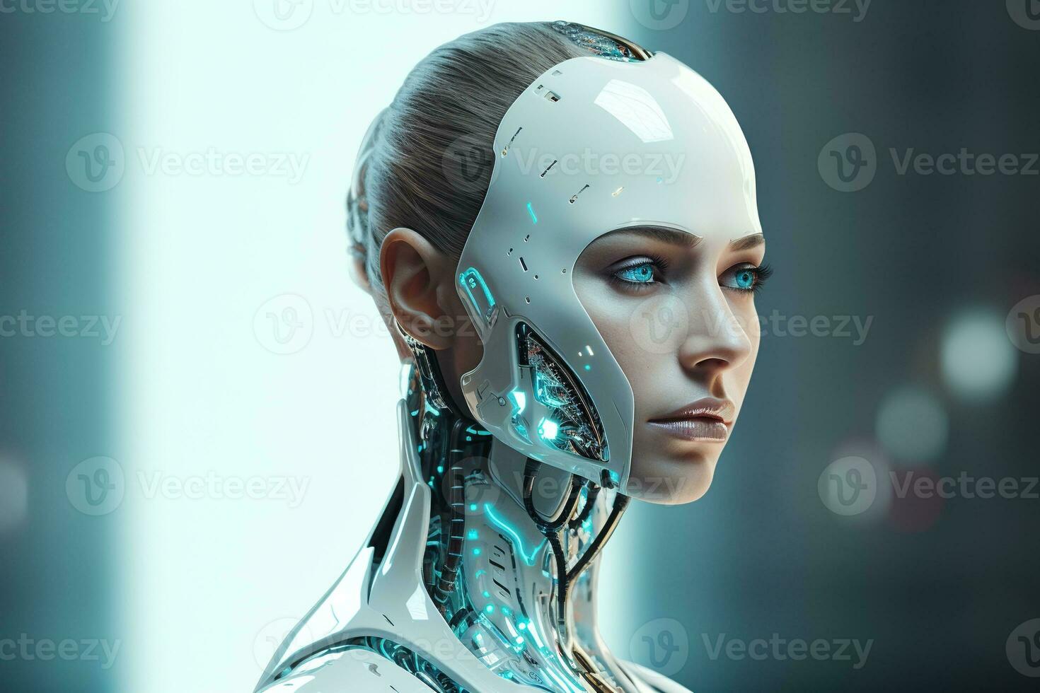 Portrait of a robot in a white futuristic interior,Artificial intelligence concept Ai generated photo
