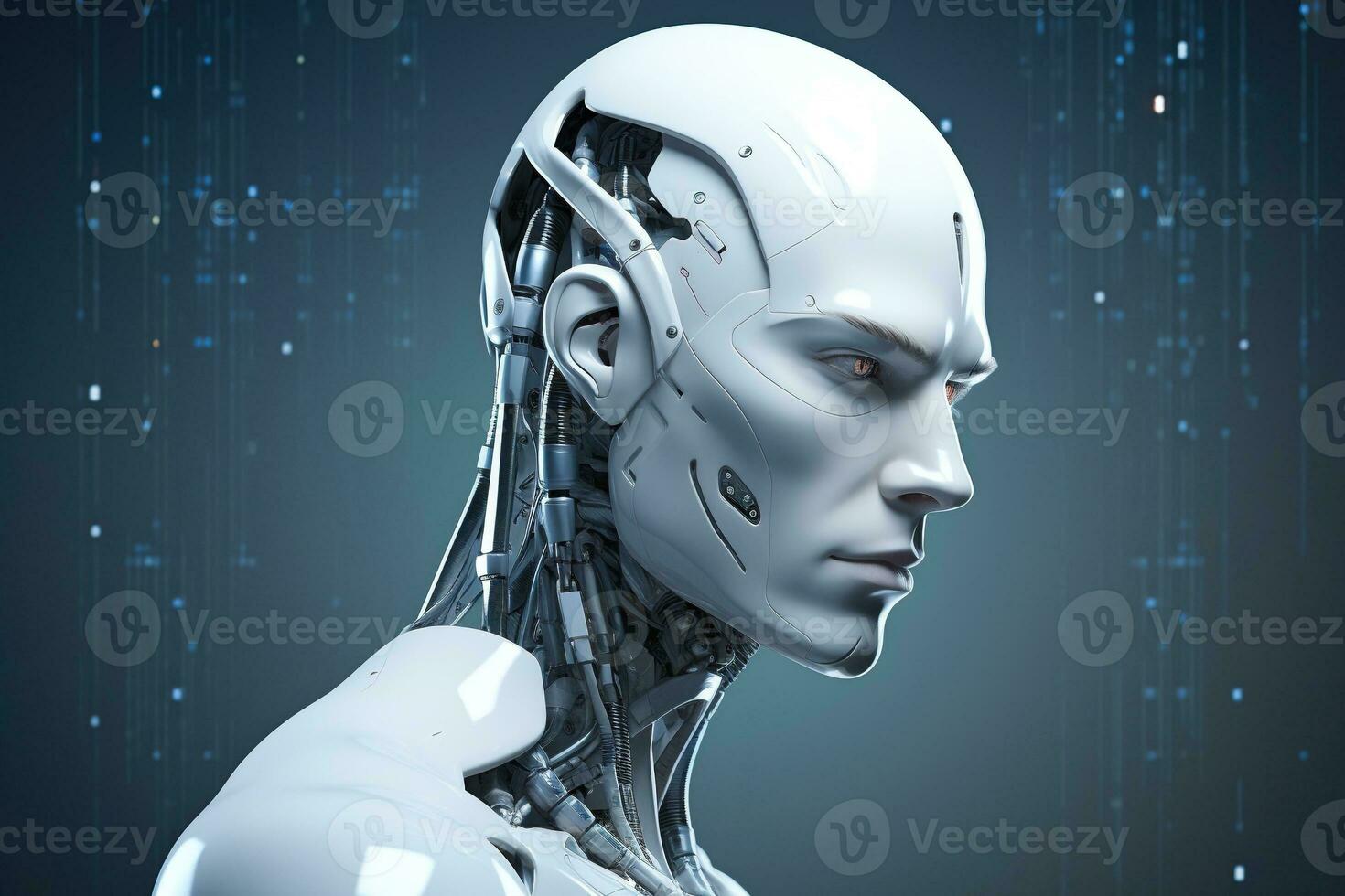 Portrait of a robot in a white futuristic interior,Artificial intelligence concept Ai generated photo