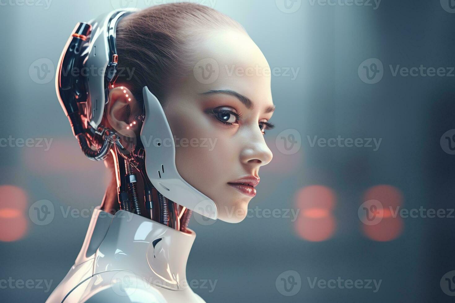 Portrait of a robot in a white futuristic interior,Artificial intelligence concept Ai generated photo