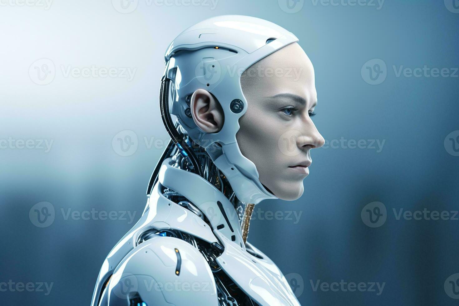 Portrait of a robot in a white futuristic interior,Artificial intelligence concept Ai generated photo