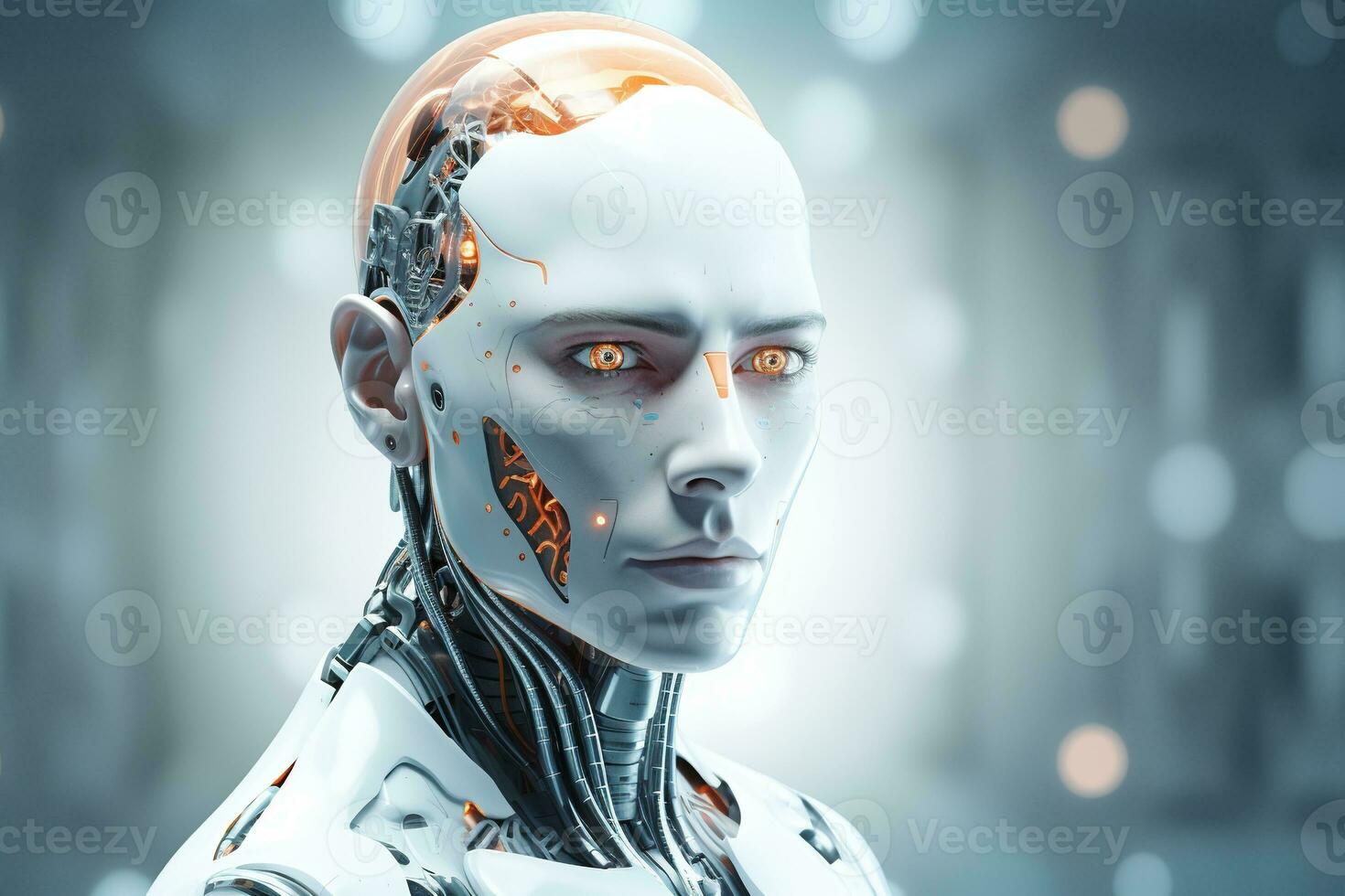 Portrait of a robot in a white futuristic interior,Artificial intelligence concept Ai generated photo