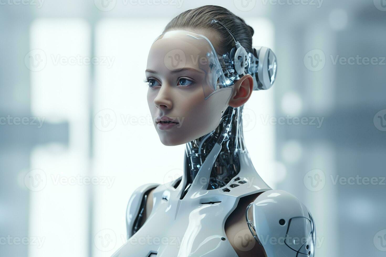 Portrait of a robot in a white futuristic interior,Artificial intelligence concept Ai generated photo
