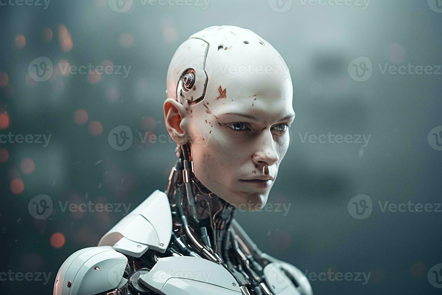Portrait of a robot in a white futuristic interior,Artificial intelligence concept Ai generated photo