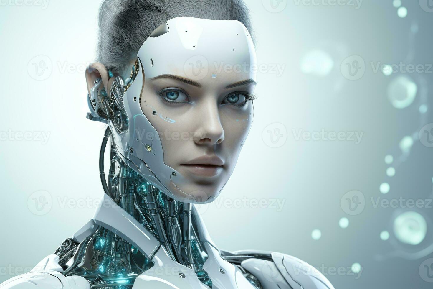 Portrait of a robot in a white futuristic interior,Artificial intelligence concept Ai generated photo