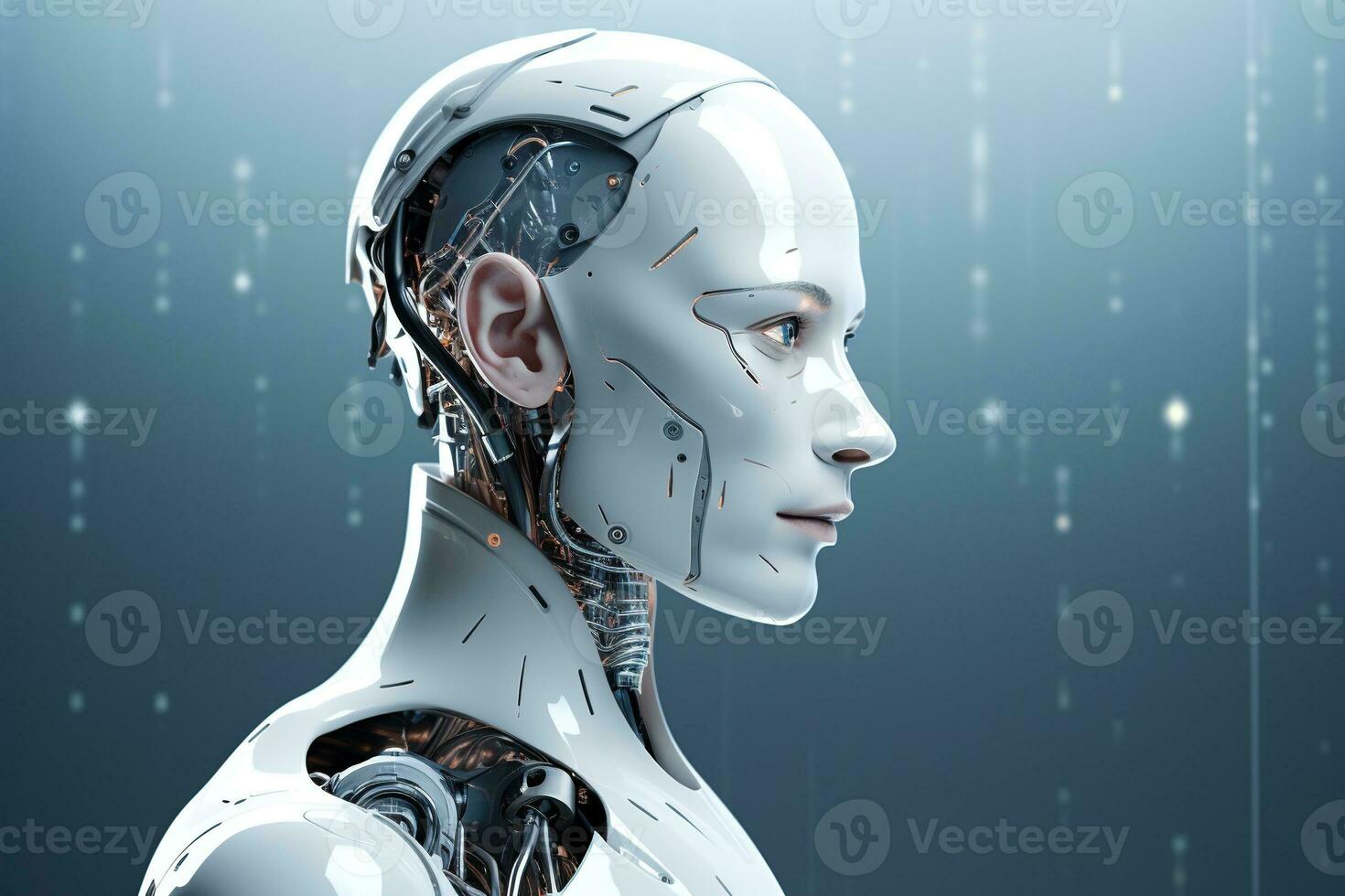 Portrait of a robot in a white futuristic interior,Artificial intelligence concept Ai generated photo