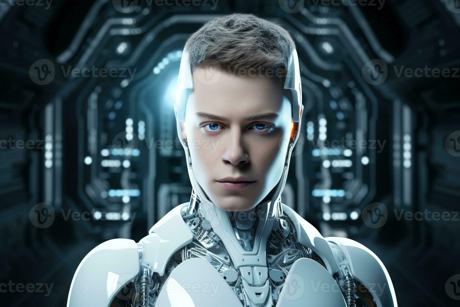 Portrait of a robot in a white futuristic interior,Artificial intelligence concept Ai generated photo