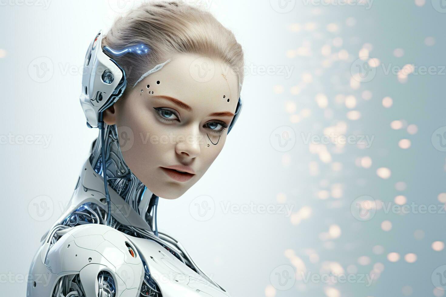 Portrait of a robot in a white futuristic interior,Artificial intelligence concept Ai generated photo