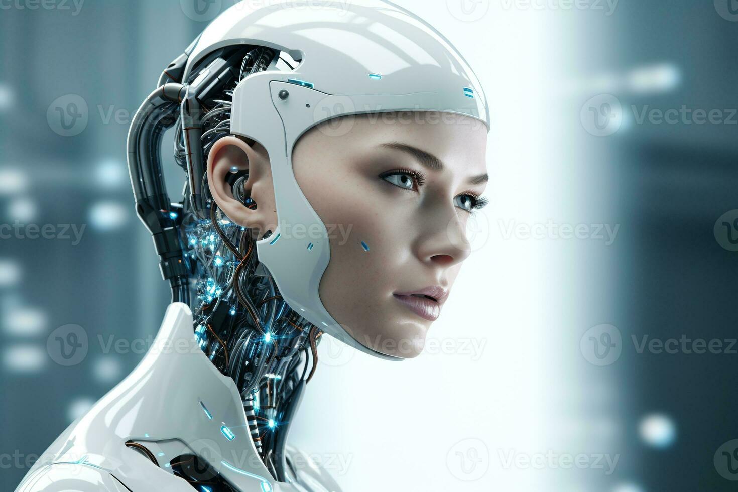Portrait of a robot in a white futuristic interior,Artificial intelligence concept Ai generated photo
