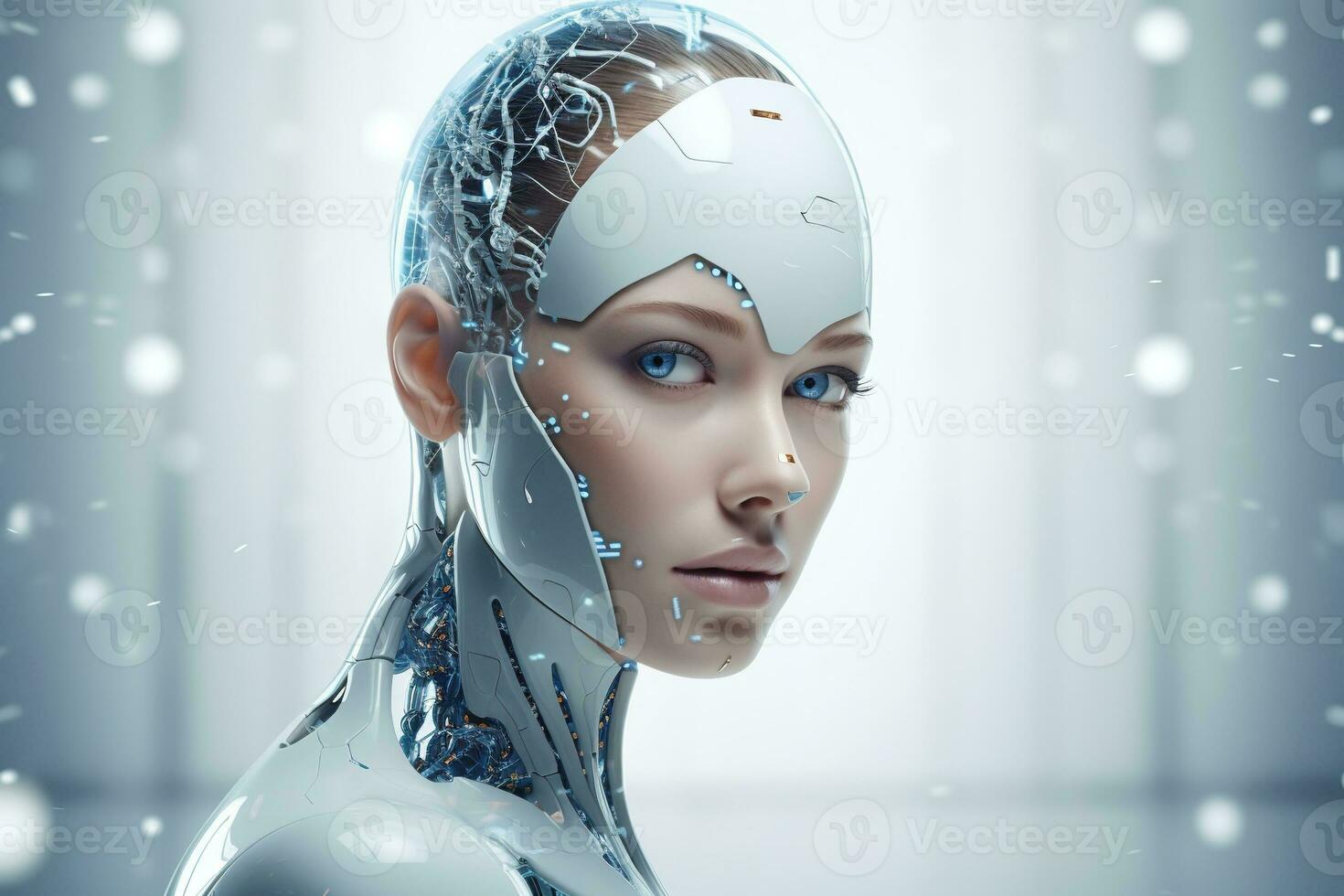 Portrait of a robot in a white futuristic interior,Artificial intelligence concept Ai generated photo