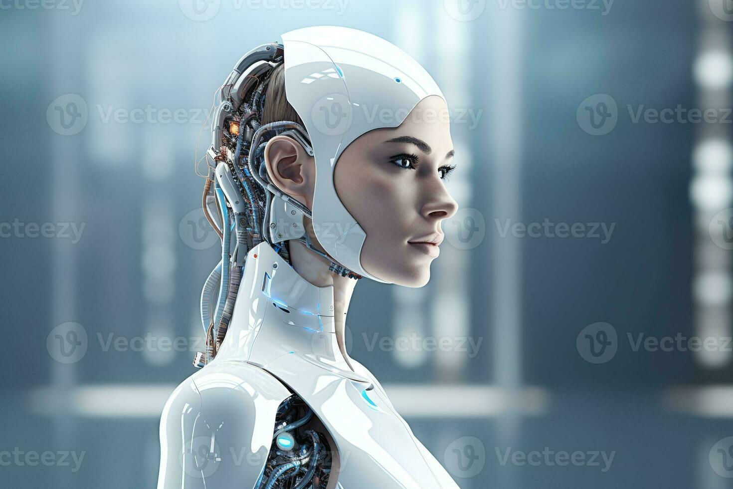 Portrait of a robot in a white futuristic interior,Artificial intelligence concept Ai generated photo