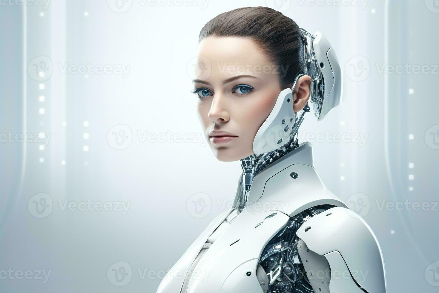 Portrait of a robot in a white futuristic interior,Artificial intelligence concept Ai generated photo