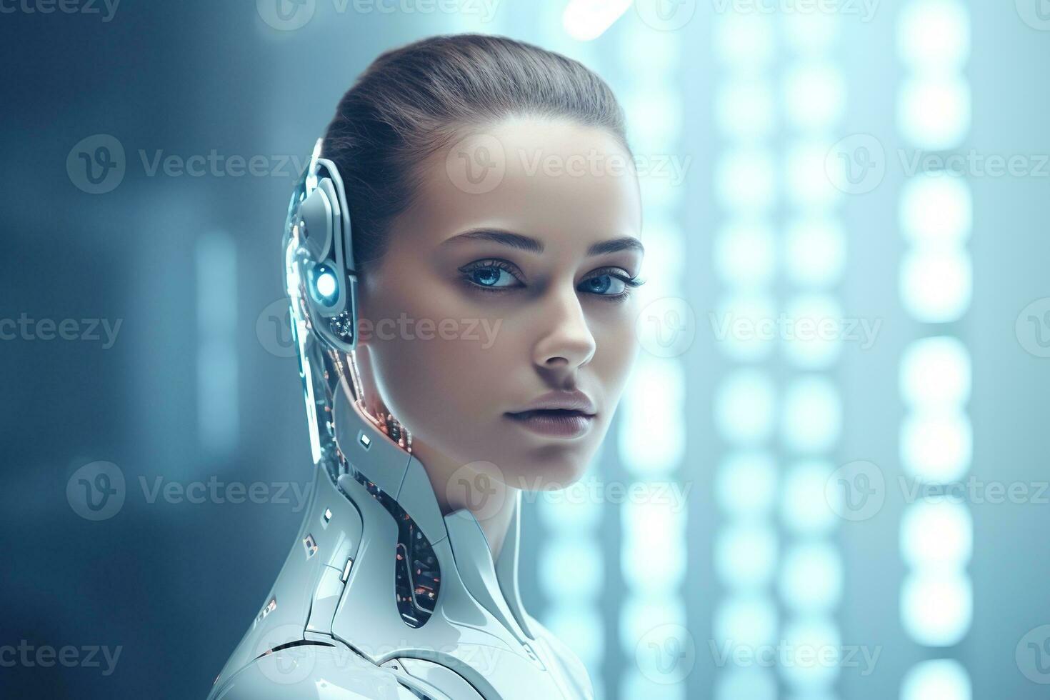 Portrait of a robot in a white futuristic interior,Artificial intelligence concept Ai generated photo