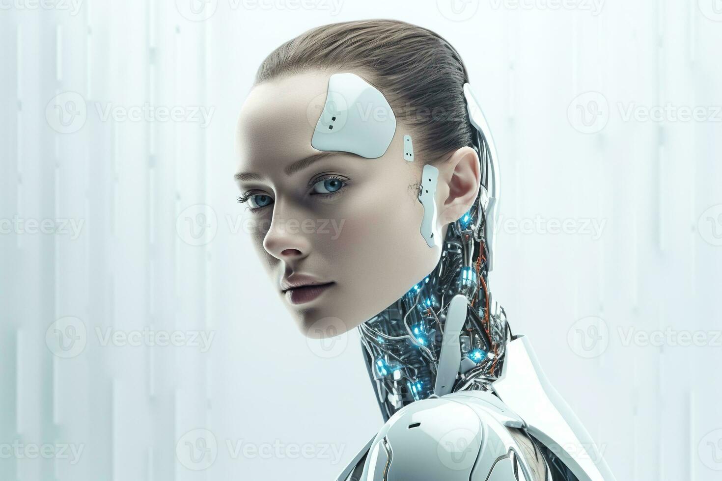 Portrait of a robot in a white futuristic interior,Artificial intelligence concept Ai generated photo