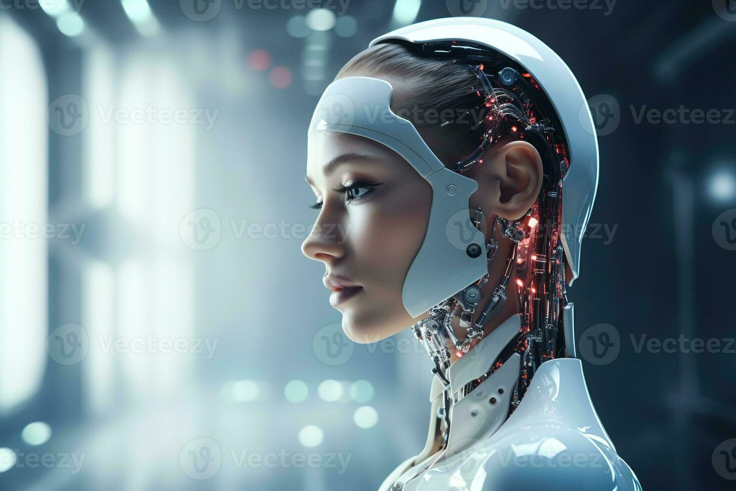 Portrait of a robot in a white futuristic interior,Artificial intelligence concept Ai generated photo