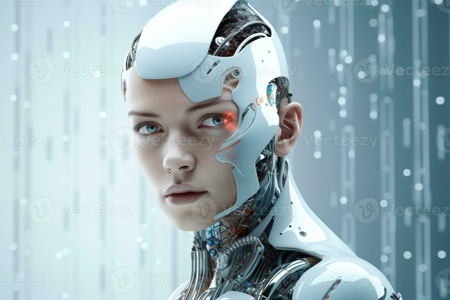 Portrait of a robot in a white futuristic interior,Artificial intelligence concept Ai generated photo