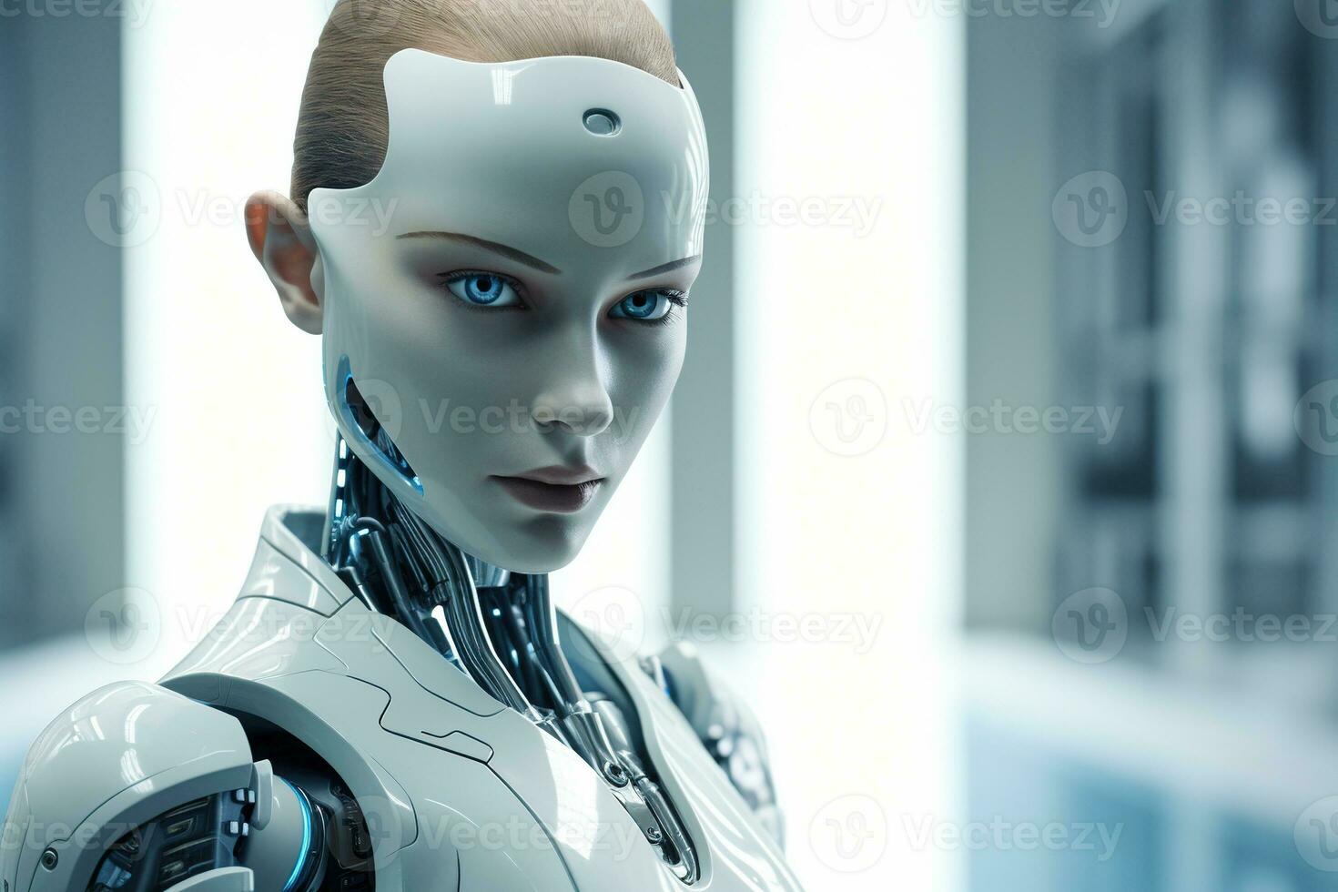 Portrait of a robot in a white futuristic interior,Artificial intelligence concept Ai generated photo
