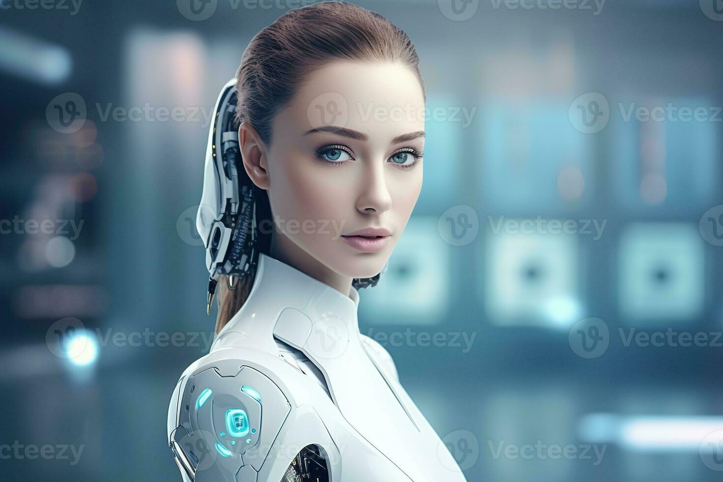 Portrait of a robot in a white futuristic interior,Artificial intelligence concept Ai generated photo