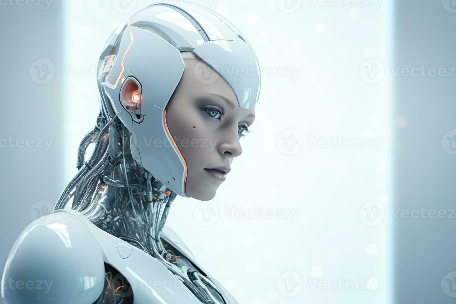 Portrait of a robot in a white futuristic interior,Artificial intelligence concept Ai generated photo