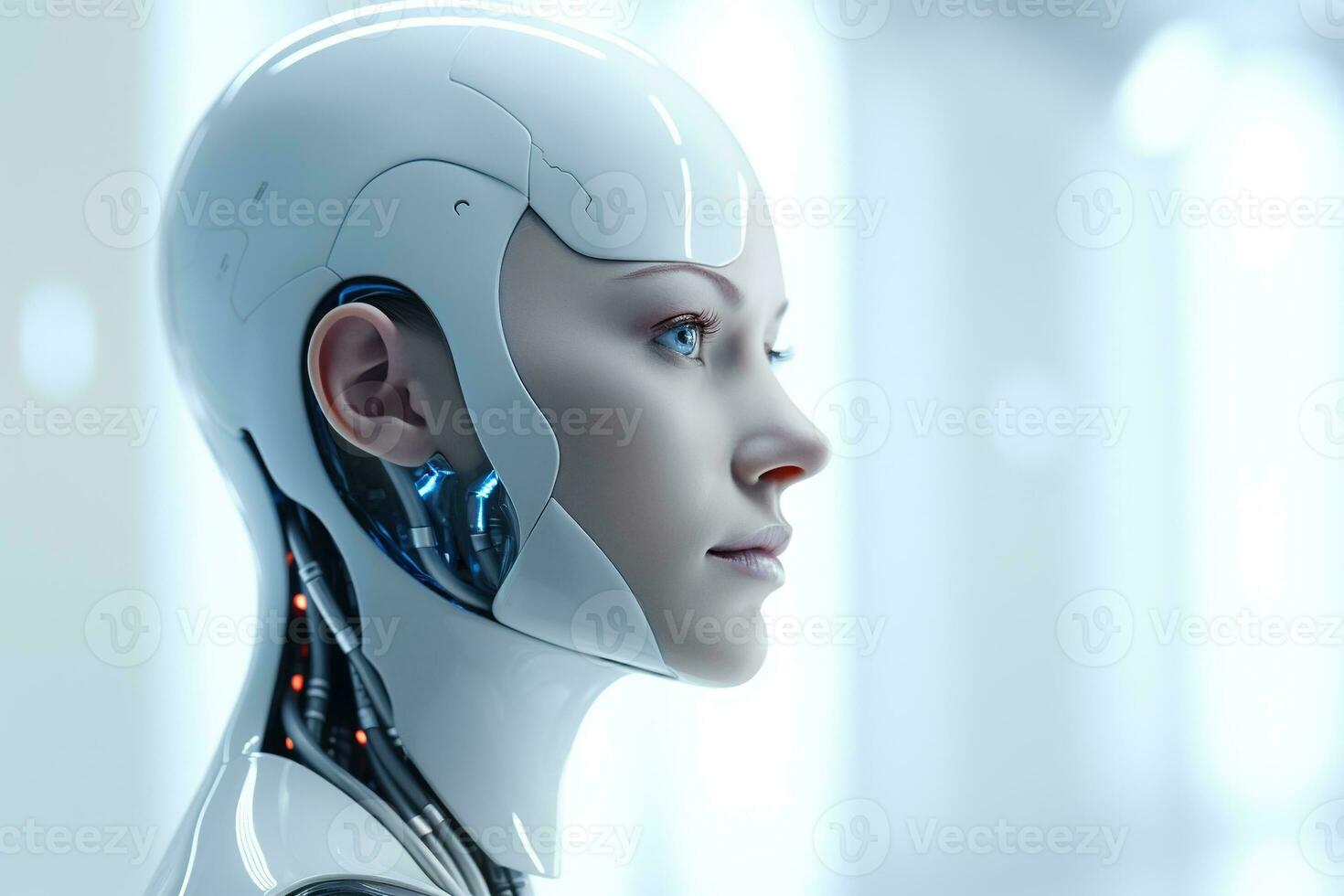 Portrait of a robot in a white futuristic interior,Artificial intelligence concept Ai generated photo