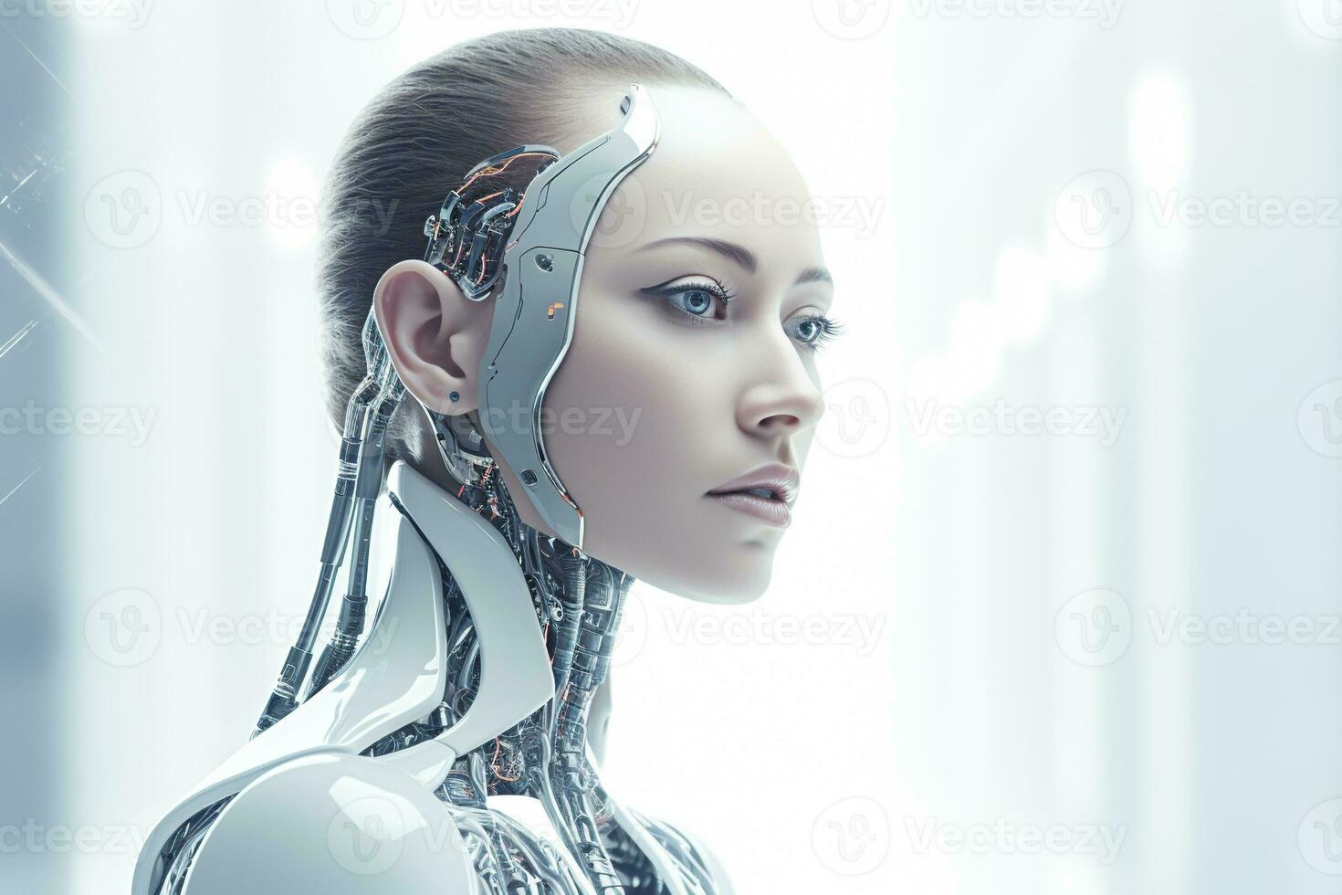 Portrait of a robot in a white futuristic interior,Artificial intelligence concept Ai generated photo