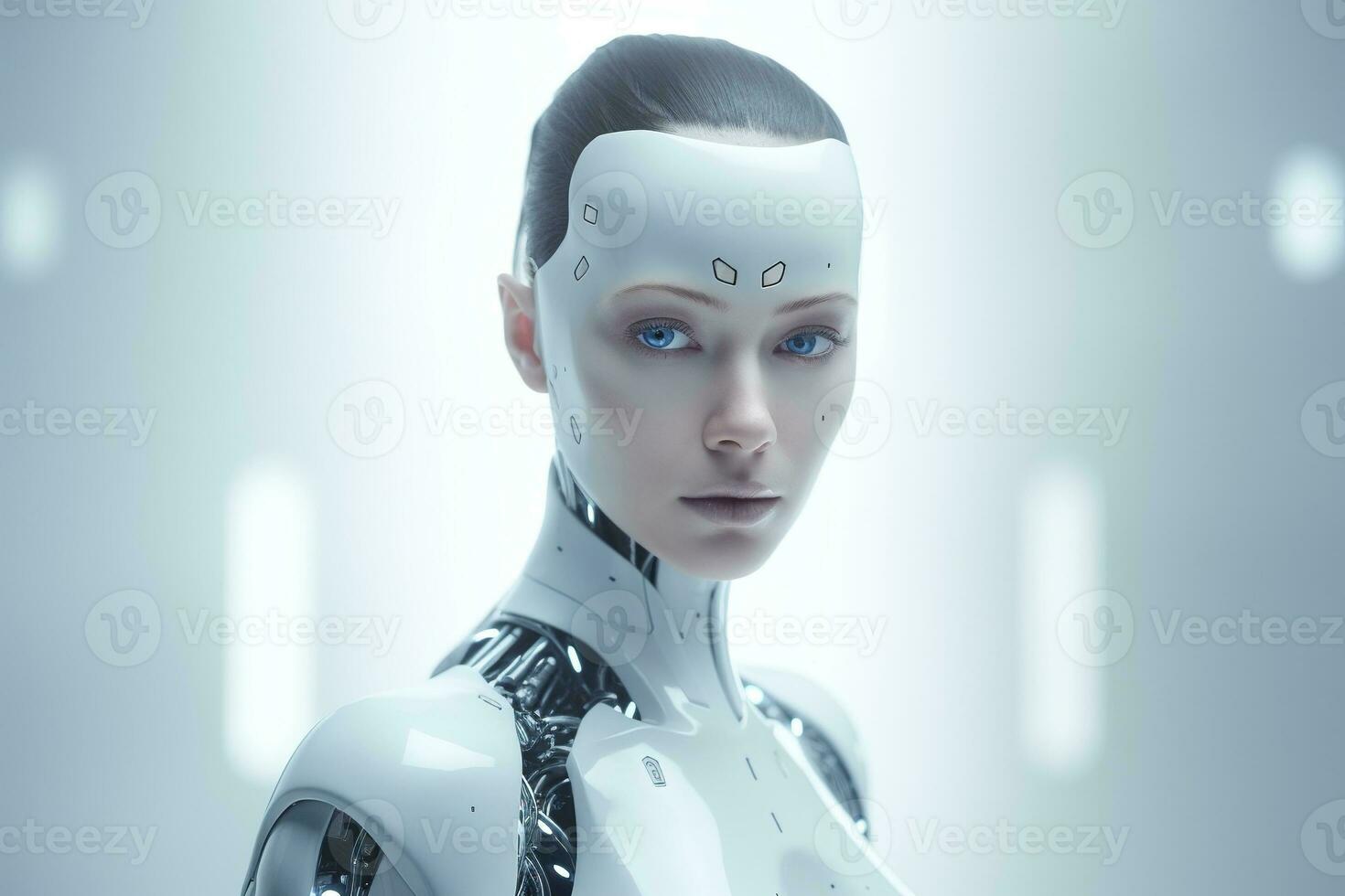 Portrait of a robot in a white futuristic interior,Artificial intelligence concept Ai generated photo