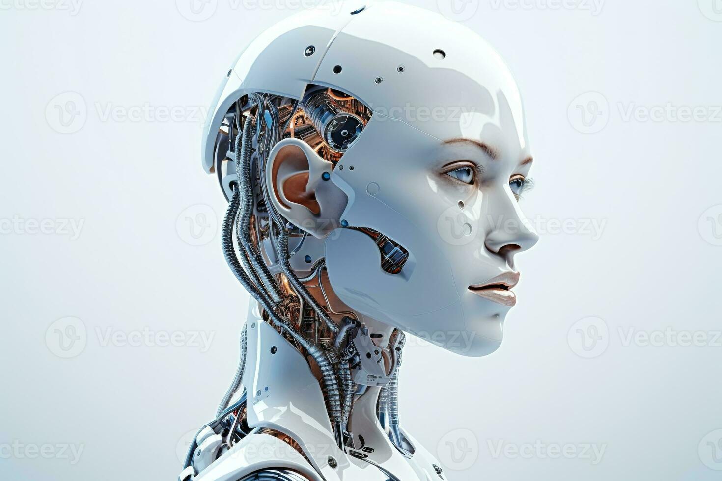 Portrait of a robot in a white futuristic interior,Artificial intelligence concept Ai generated photo