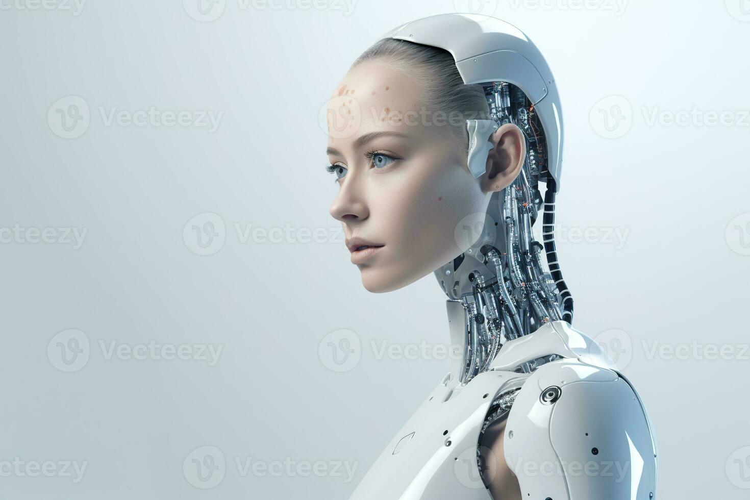 Portrait of a robot in a white futuristic interior,Artificial intelligence concept Ai generated photo