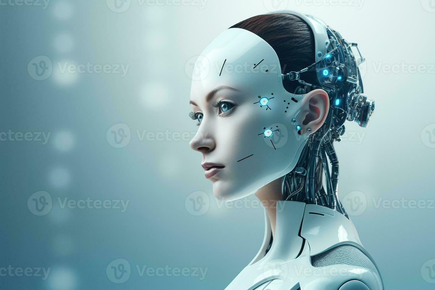 Portrait of a robot in a white futuristic interior,Artificial intelligence concept Ai generated photo