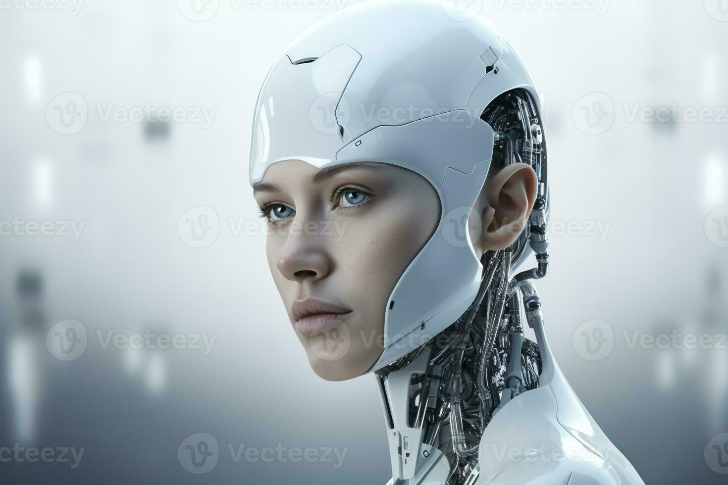 Portrait of a robot in a white futuristic interior,Artificial intelligence concept Ai generated photo