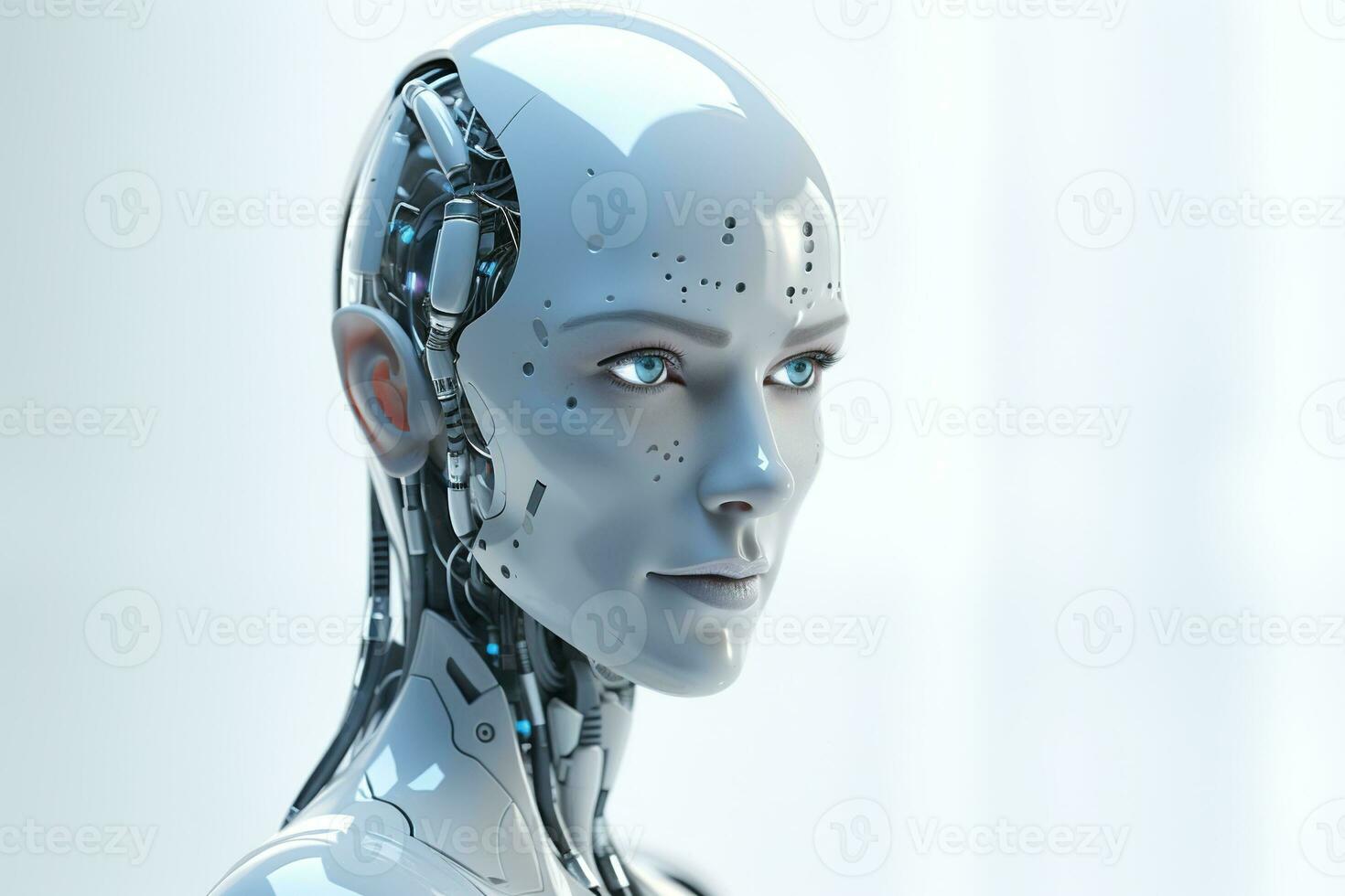 Portrait of a robot in a white futuristic interior,Artificial intelligence concept Ai generated photo