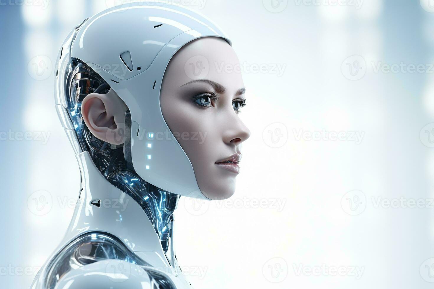 Portrait of a robot in a white futuristic interior,Artificial intelligence concept Ai generated photo