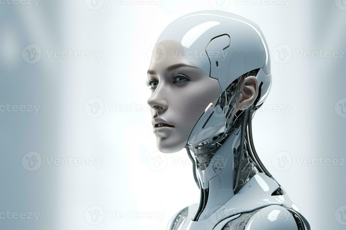 Portrait of a robot in a white futuristic interior,Artificial intelligence concept Ai generated photo