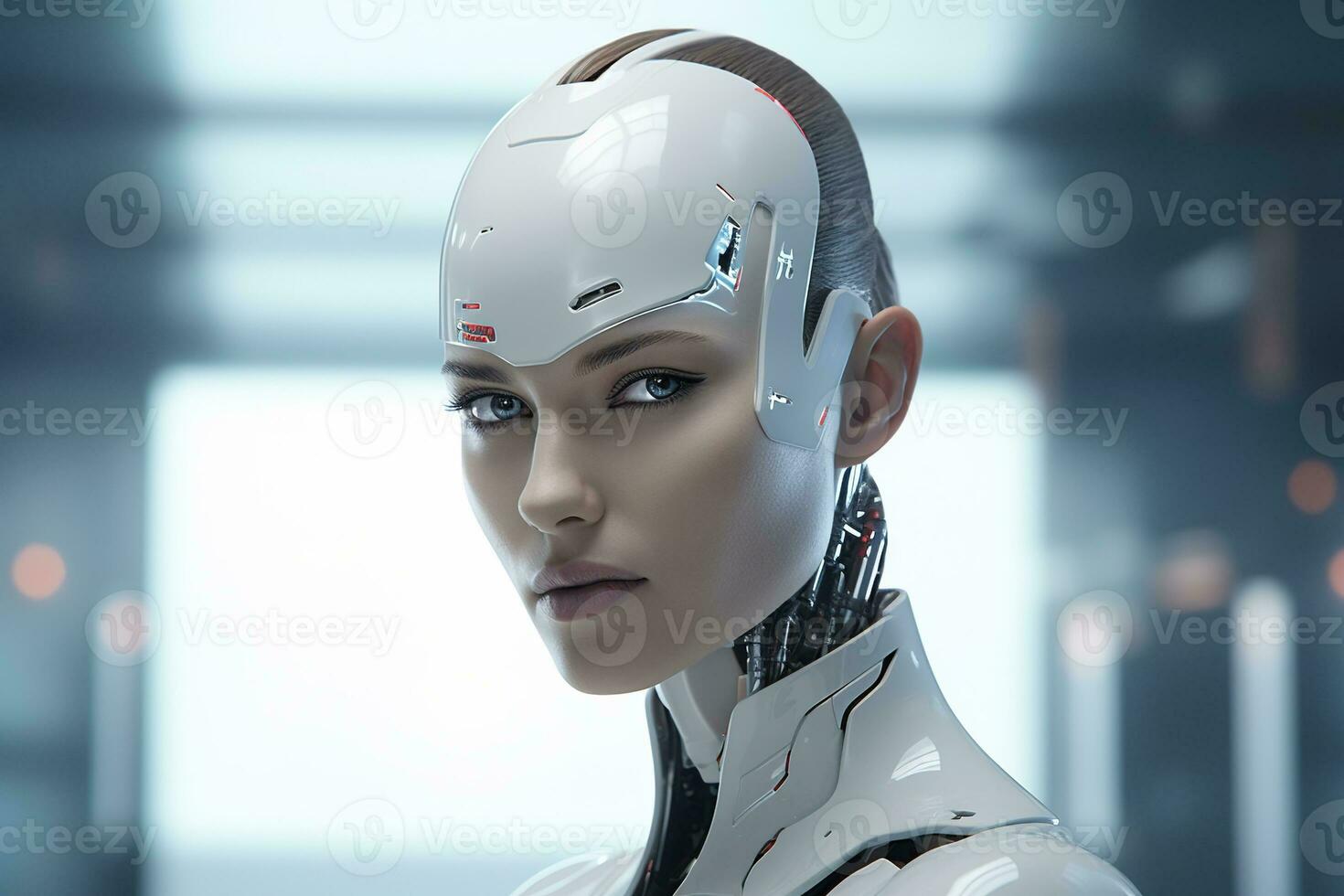 Portrait of a robot in a white futuristic interior,Artificial intelligence concept Ai generated photo