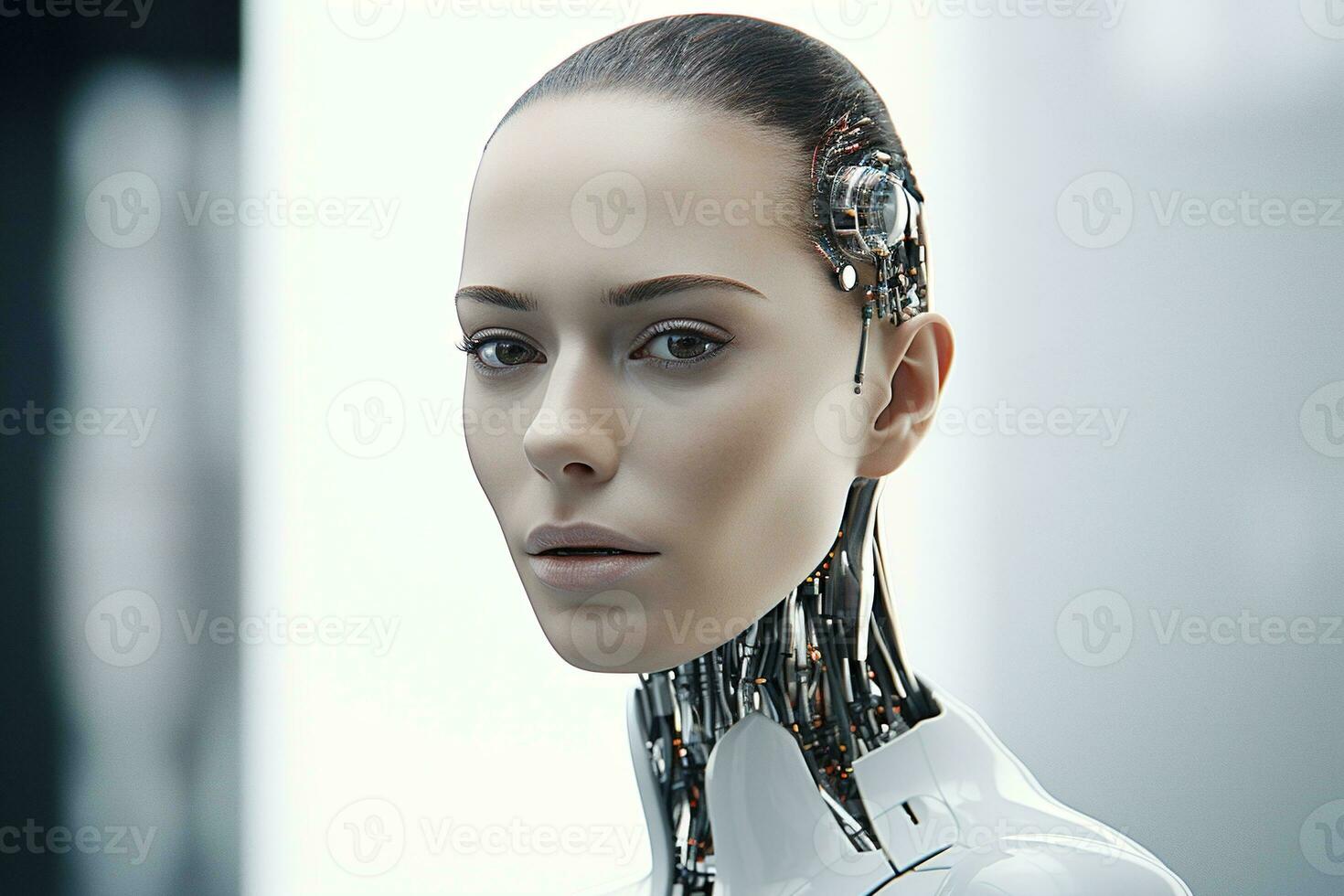 Portrait of a robot in a white futuristic interior,Artificial intelligence concept Ai generated photo