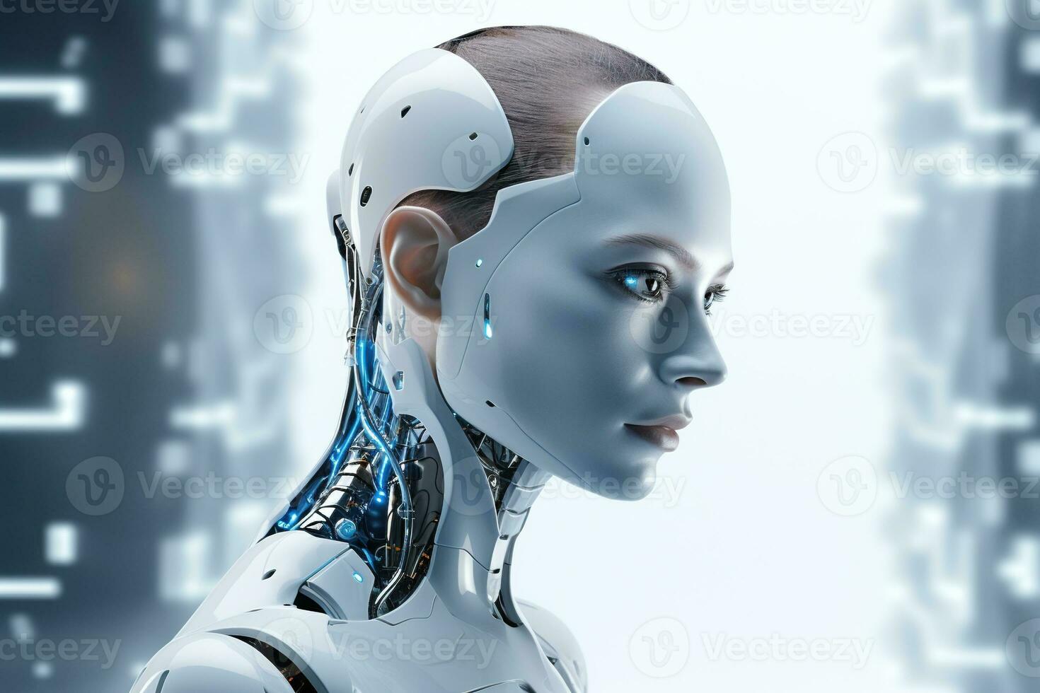 Portrait of a robot in a white futuristic interior,Artificial intelligence concept Ai generated photo