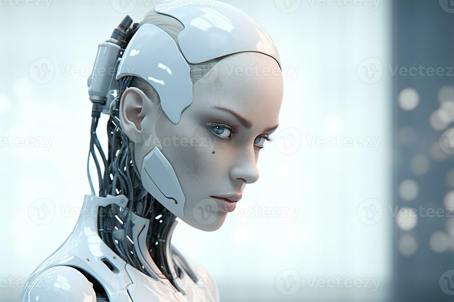 Portrait of a robot in a white futuristic interior,Artificial intelligence concept Ai generated photo