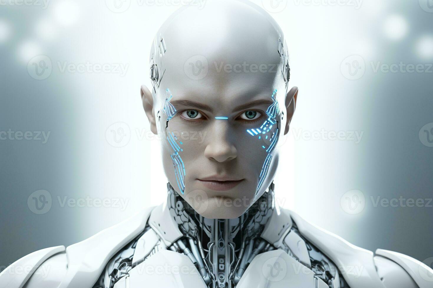 Portrait of a robot in a white futuristic interior,Artificial intelligence concept Ai generated photo
