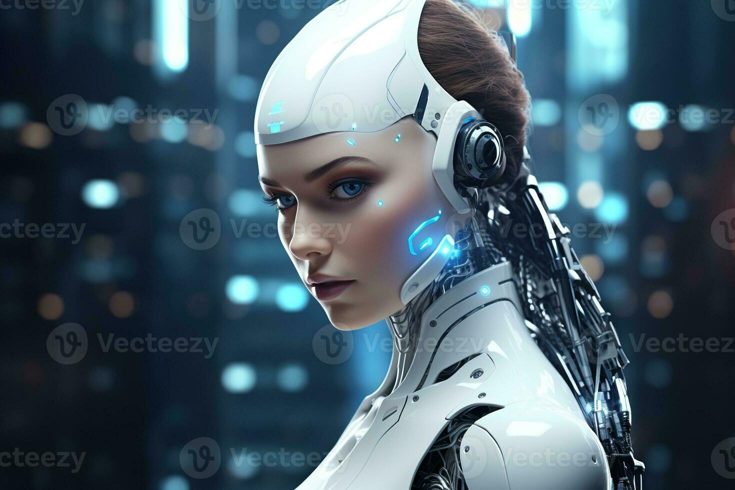 Portrait of a robot in a white futuristic interior,Artificial intelligence concept Ai generated photo